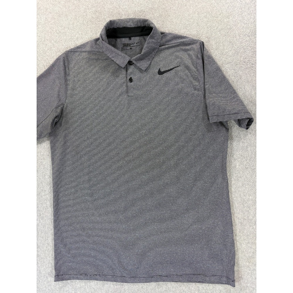 Nike Dri Fit Mini Striped Short Sleeve Polo Shirt Mens Large Black Golf Logo
